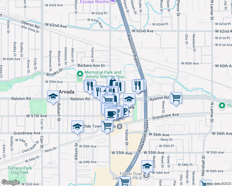 map of restaurants, bars, coffee shops, grocery stores, and more near 5850 Wadsworth Boulevard in Arvada