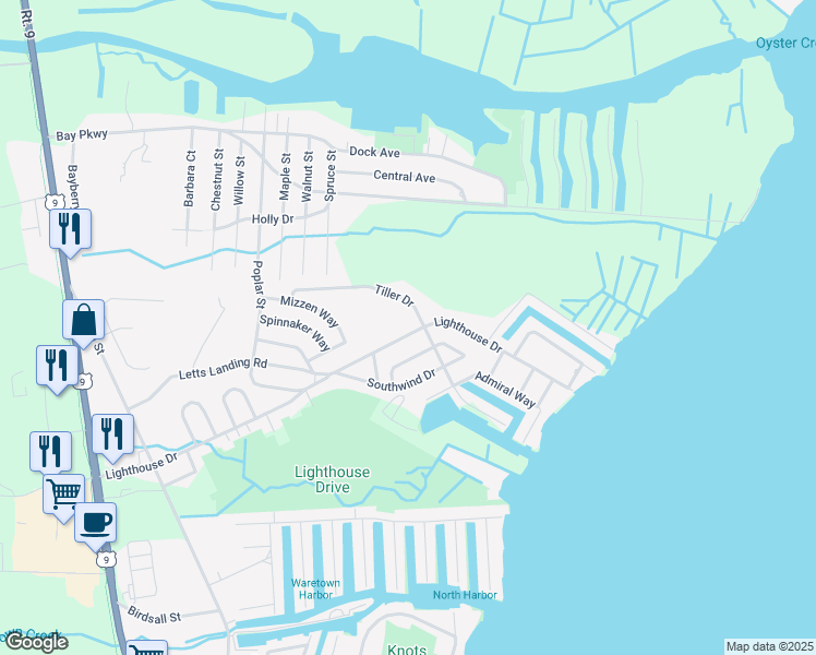 map of restaurants, bars, coffee shops, grocery stores, and more near 107 Lighthouse Drive in Ocean Township