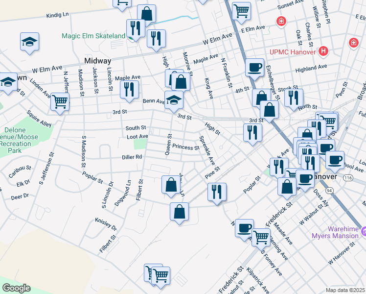 map of restaurants, bars, coffee shops, grocery stores, and more near Princess Street in Hanover