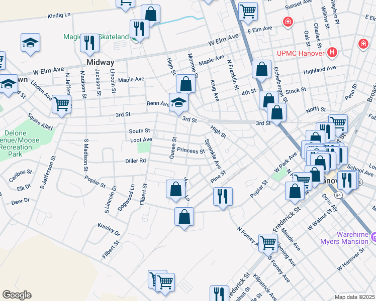 map of restaurants, bars, coffee shops, grocery stores, and more near Princess Street in Hanover