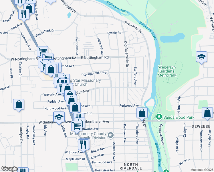 map of restaurants, bars, coffee shops, grocery stores, and more near 341 Wampler Avenue in Dayton