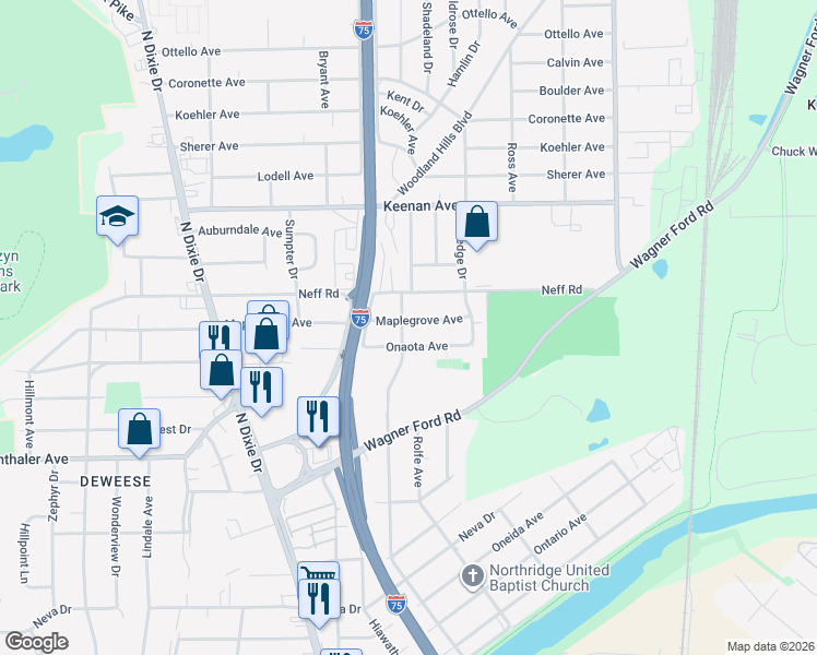 map of restaurants, bars, coffee shops, grocery stores, and more near 3720 Montevideo Drive in Dayton