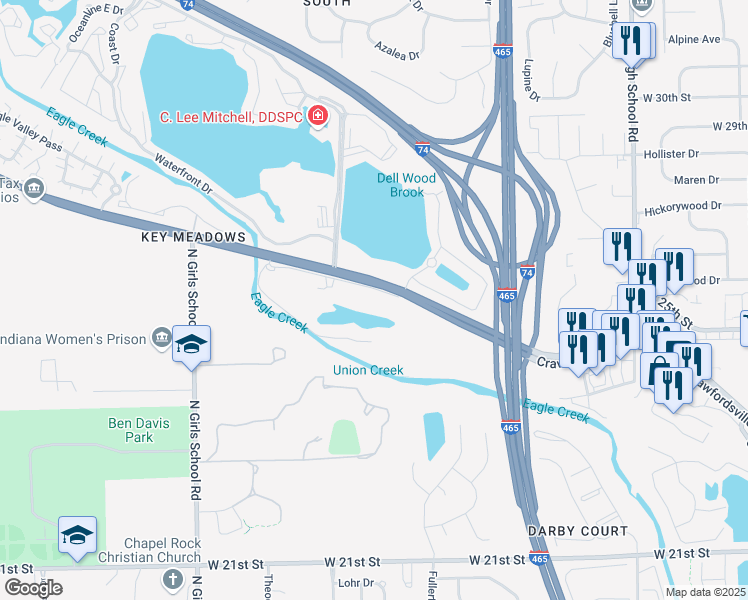 map of restaurants, bars, coffee shops, grocery stores, and more near 6831 Crawfordsville Road in Indianapolis