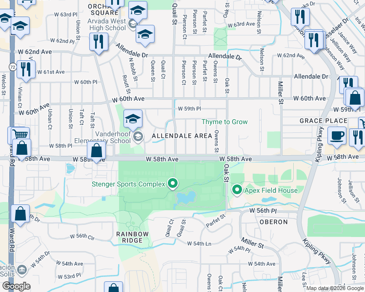 map of restaurants, bars, coffee shops, grocery stores, and more near 5809 Pierson Street in Arvada