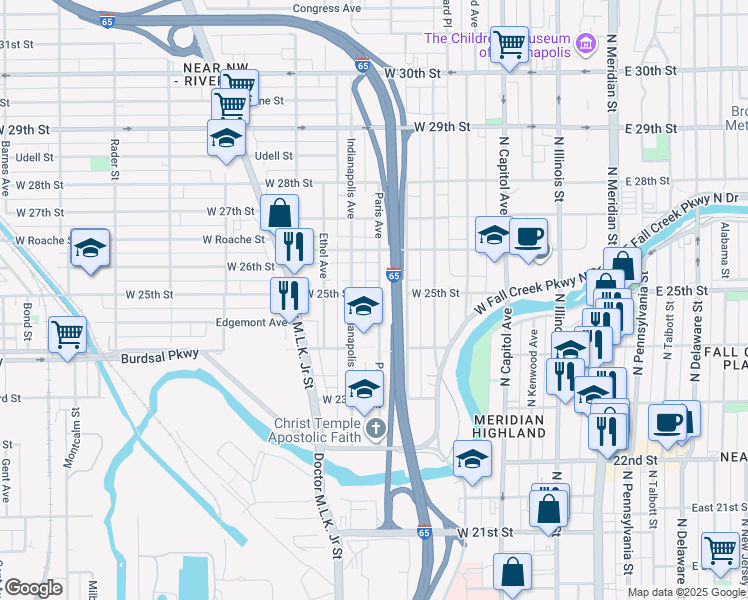 map of restaurants, bars, coffee shops, grocery stores, and more near 479 West 25th Street in Indianapolis