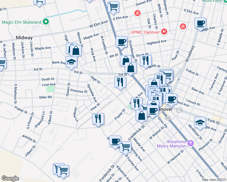 map of restaurants, bars, coffee shops, grocery stores, and more near 315 High Street in Hanover