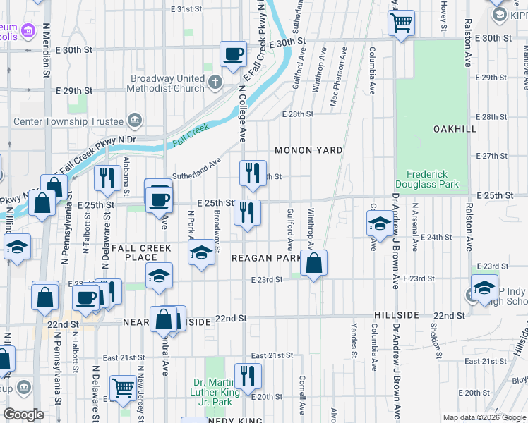 map of restaurants, bars, coffee shops, grocery stores, and more near 2442 Carrollton Avenue in Indianapolis