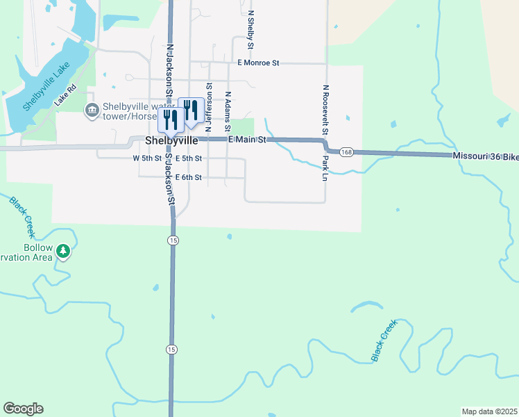 map of restaurants, bars, coffee shops, grocery stores, and more near 505 Park Lane in Shelbyville