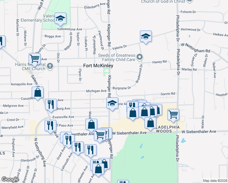 map of restaurants, bars, coffee shops, grocery stores, and more near 3821 Cavanaugh Road in Dayton