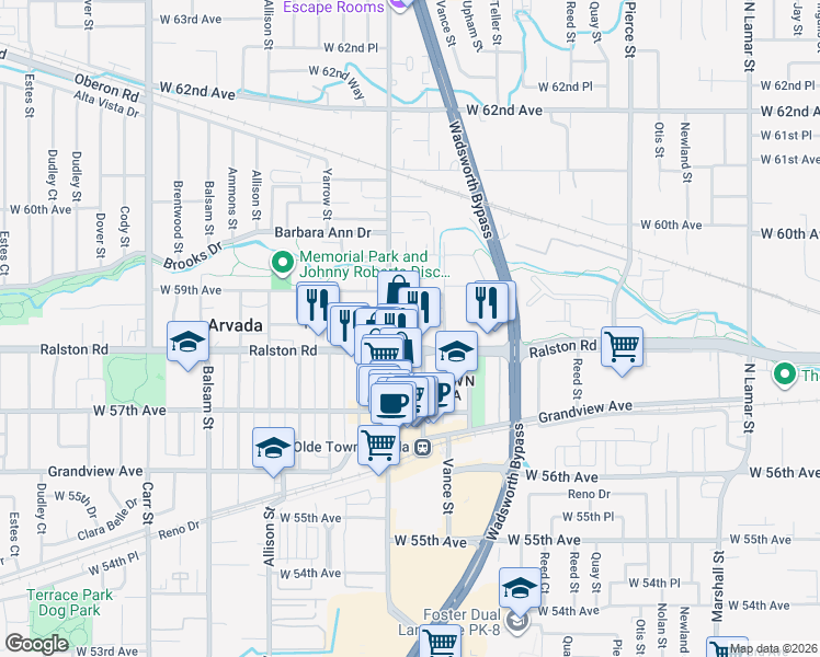 map of restaurants, bars, coffee shops, grocery stores, and more near 5850 Wadsworth Boulevard in Arvada