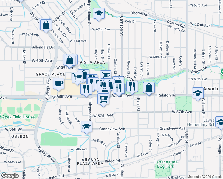 map of restaurants, bars, coffee shops, grocery stores, and more near 9435 Ralston Road in Arvada