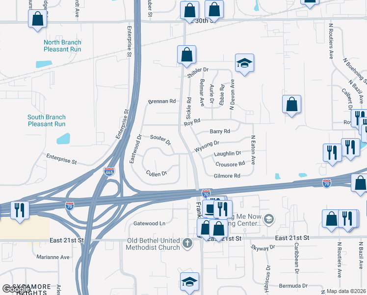map of restaurants, bars, coffee shops, grocery stores, and more near 2425 North Franklin Road in Indianapolis