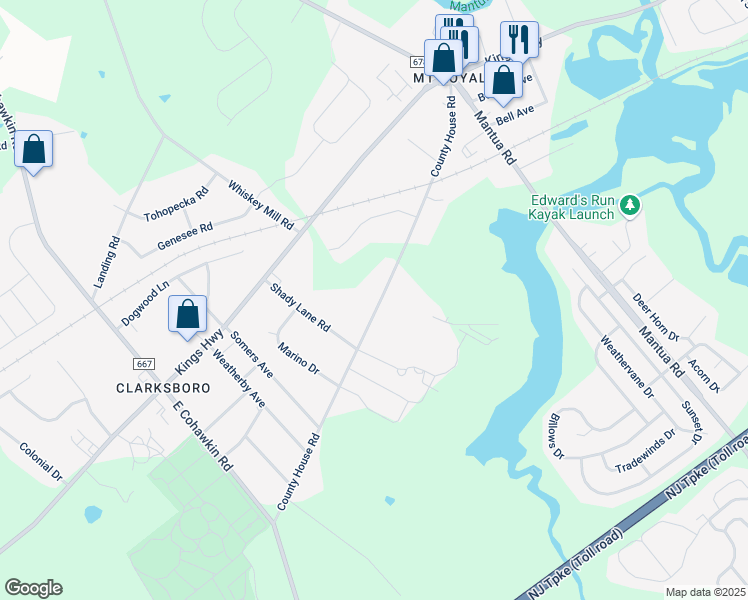 map of restaurants, bars, coffee shops, grocery stores, and more near 233 County House Road in East Greenwich Township