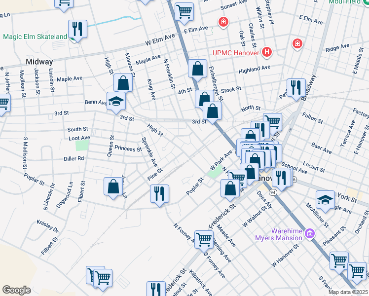 map of restaurants, bars, coffee shops, grocery stores, and more near 315 High Street in Hanover