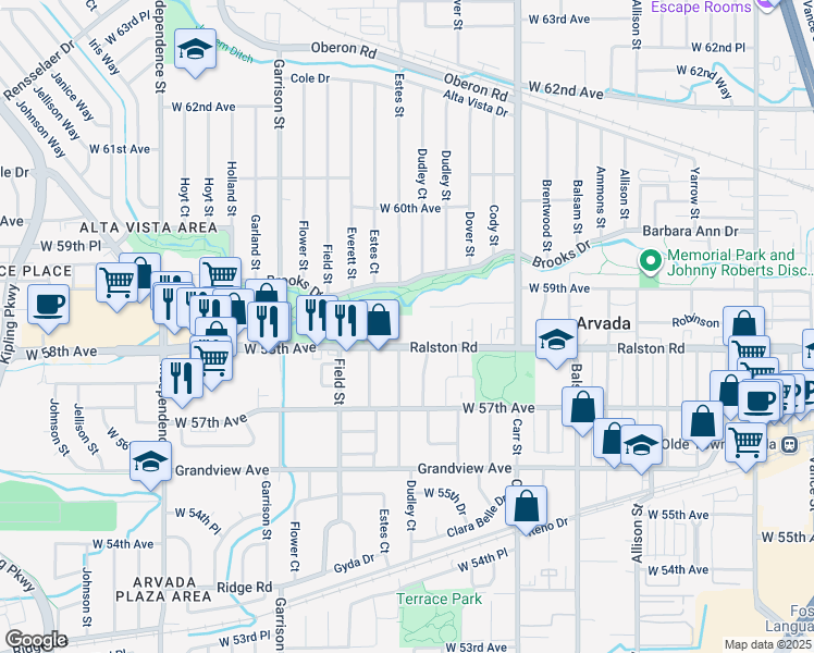 map of restaurants, bars, coffee shops, grocery stores, and more near 8707 Ralston Road in Arvada