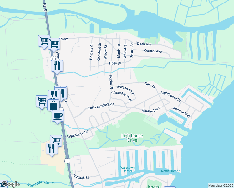 map of restaurants, bars, coffee shops, grocery stores, and more near 8 Spinnaker Way in Ocean Township