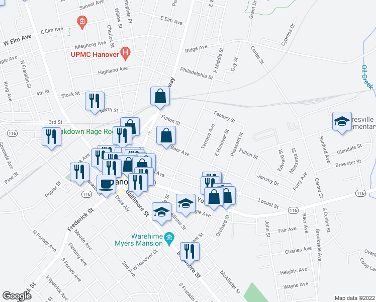 map of restaurants, bars, coffee shops, grocery stores, and more near 303 East Middle Street in Hanover