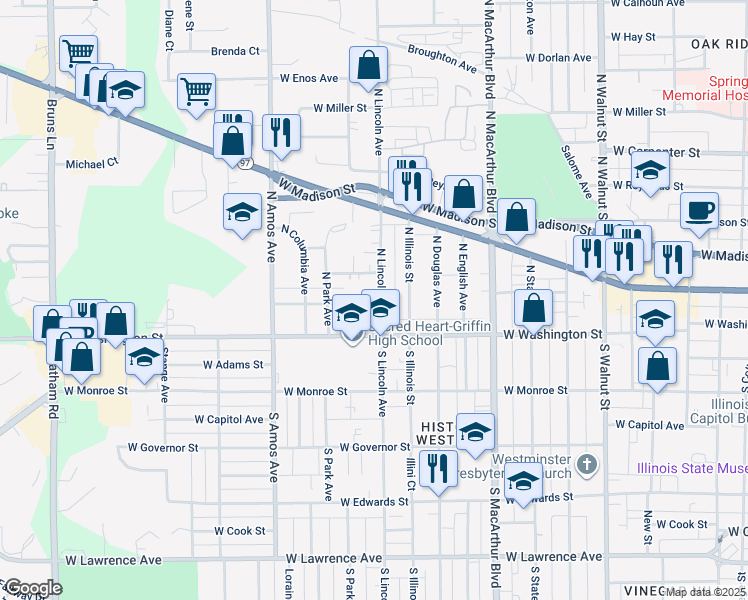 map of restaurants, bars, coffee shops, grocery stores, and more near 203 North Lincoln Avenue in Springfield