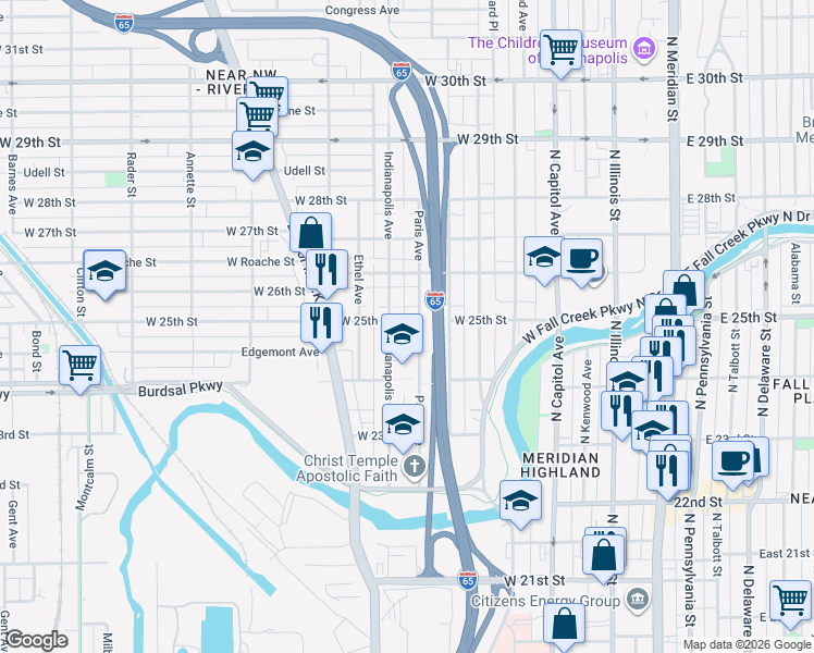 map of restaurants, bars, coffee shops, grocery stores, and more near 479 West 25th Street in Indianapolis