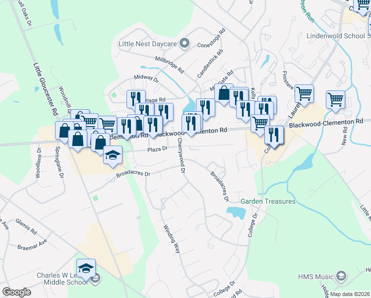 map of restaurants, bars, coffee shops, grocery stores, and more near 6 Cherrywood Drive in Clementon