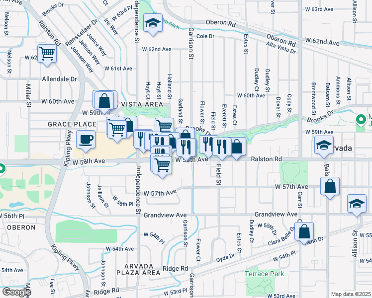 map of restaurants, bars, coffee shops, grocery stores, and more near in Arvada