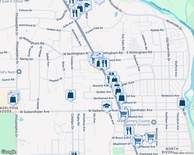map of restaurants, bars, coffee shops, grocery stores, and more near 45 West Melford Avenue in Dayton