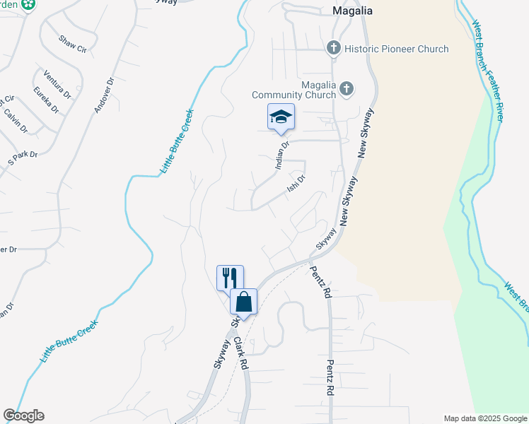 map of restaurants, bars, coffee shops, grocery stores, and more near 6684 Ishi Drive in Magalia