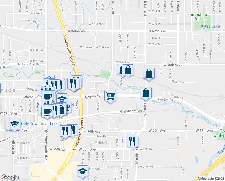 map of restaurants, bars, coffee shops, grocery stores, and more near 6744 West 58th Place in Arvada