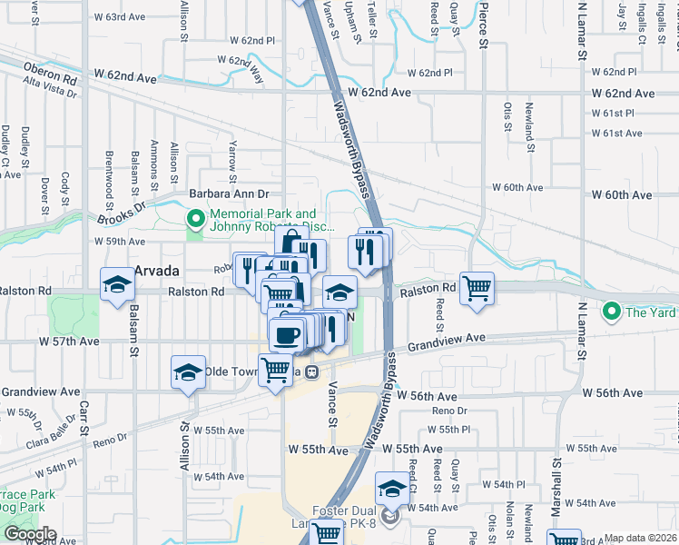 map of restaurants, bars, coffee shops, grocery stores, and more near 5855 Vance Street in Arvada