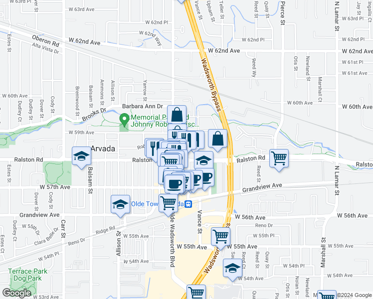 map of restaurants, bars, coffee shops, grocery stores, and more near 5850 Wadsworth Boulevard in Arvada