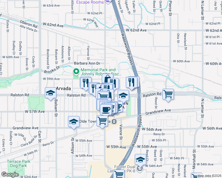 map of restaurants, bars, coffee shops, grocery stores, and more near 5850 Wadsworth Boulevard in Arvada