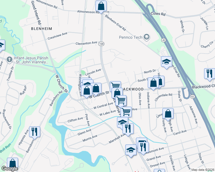 map of restaurants, bars, coffee shops, grocery stores, and more near 18a North Black Horse Pike in Camden County