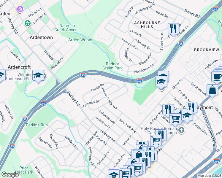 map of restaurants, bars, coffee shops, grocery stores, and more near 32 Glenrock Drive in Claymont