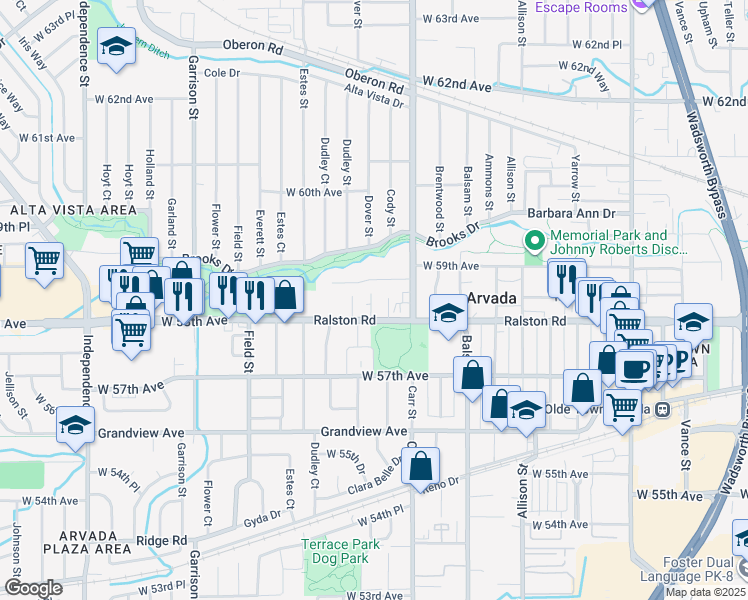 map of restaurants, bars, coffee shops, grocery stores, and more near 8565 Ralston Road in Arvada