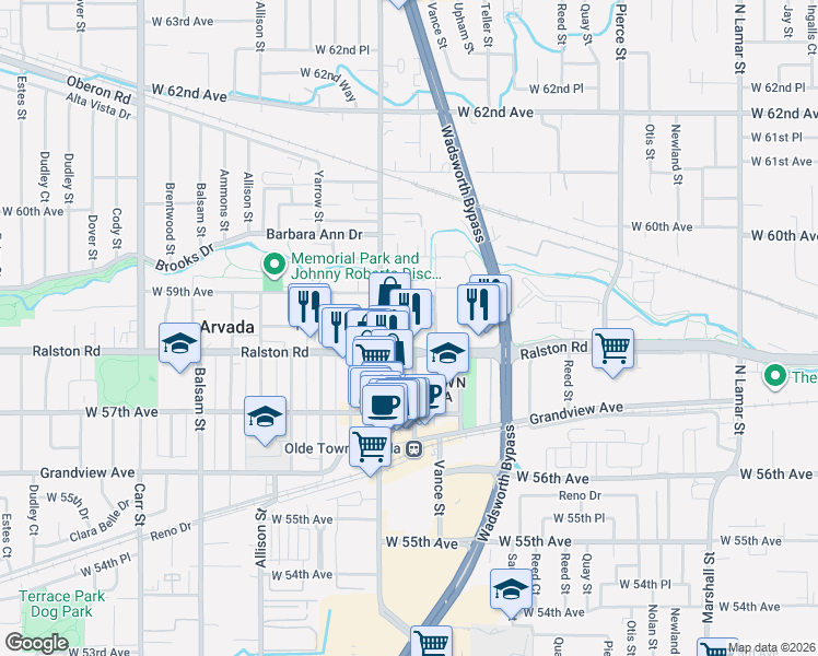 map of restaurants, bars, coffee shops, grocery stores, and more near 5850 Wadsworth Boulevard in Arvada