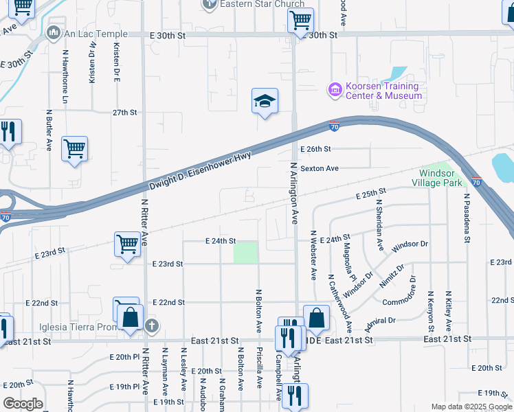map of restaurants, bars, coffee shops, grocery stores, and more near 2400 North Graham Avenue in Indianapolis