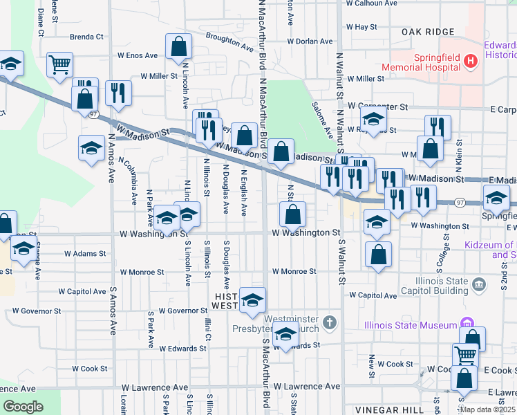 map of restaurants, bars, coffee shops, grocery stores, and more near 137 North MacArthur Boulevard in Springfield