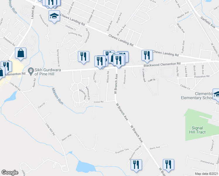 map of restaurants, bars, coffee shops, grocery stores, and more near 30 Wilson Road in Pine Hill