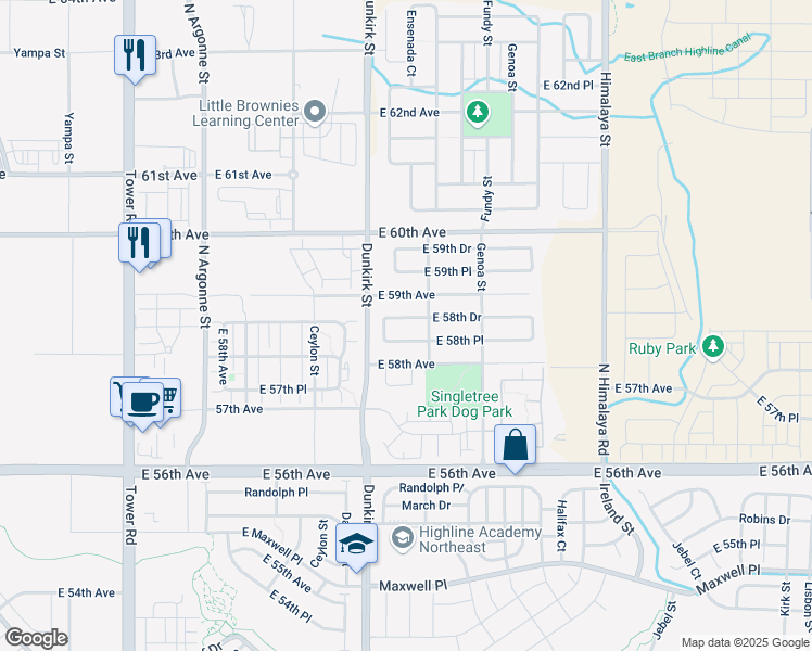 map of restaurants, bars, coffee shops, grocery stores, and more near 19460 East 58th Drive in Aurora