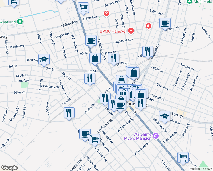 map of restaurants, bars, coffee shops, grocery stores, and more near 221 North Franklin Street in Hanover