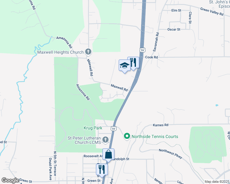 map of restaurants, bars, coffee shops, grocery stores, and more near 1301 Northwood Drive in Saint Joseph