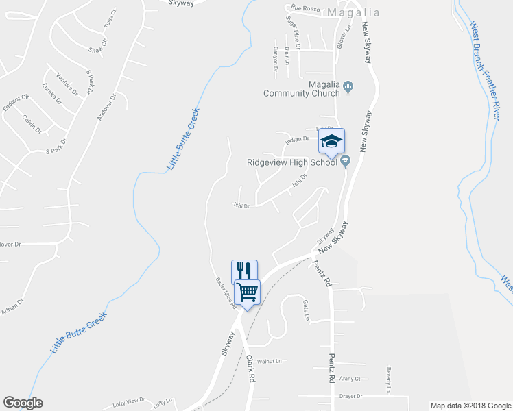 map of restaurants, bars, coffee shops, grocery stores, and more near Indian Drive & Ishi Drive in Magalia