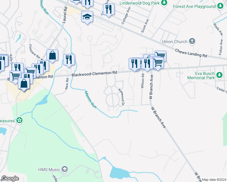 map of restaurants, bars, coffee shops, grocery stores, and more near 1506 Mason Run in Pine Hill