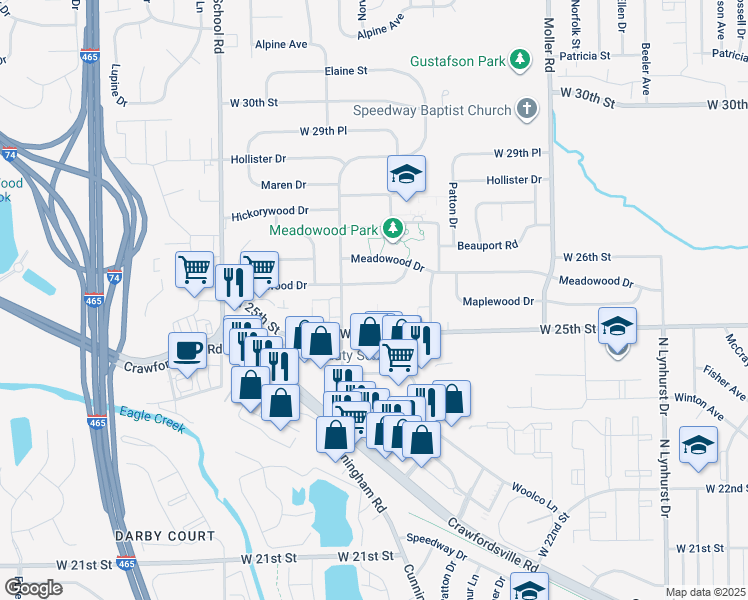 map of restaurants, bars, coffee shops, grocery stores, and more near 5736 Maplewood Drive in Speedway