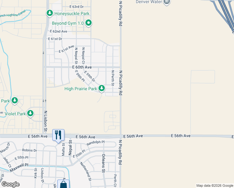 map of restaurants, bars, coffee shops, grocery stores, and more near 21676 East 59th Place in Aurora