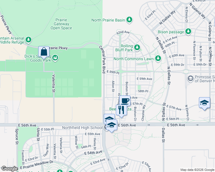 map of restaurants, bars, coffee shops, grocery stores, and more near 5852 Central Park Boulevard in Denver