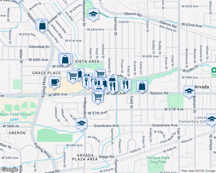 map of restaurants, bars, coffee shops, grocery stores, and more near 9435 Ralston Road in Arvada
