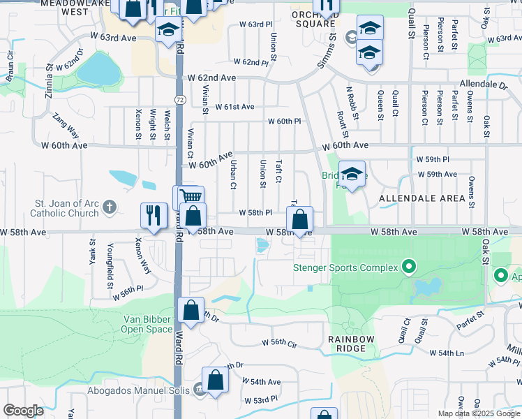 map of restaurants, bars, coffee shops, grocery stores, and more near 5820 Urban Street in Arvada