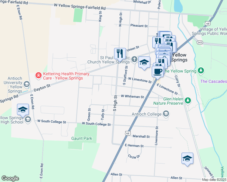 map of restaurants, bars, coffee shops, grocery stores, and more near 309 West Whiteman Street in Yellow Springs