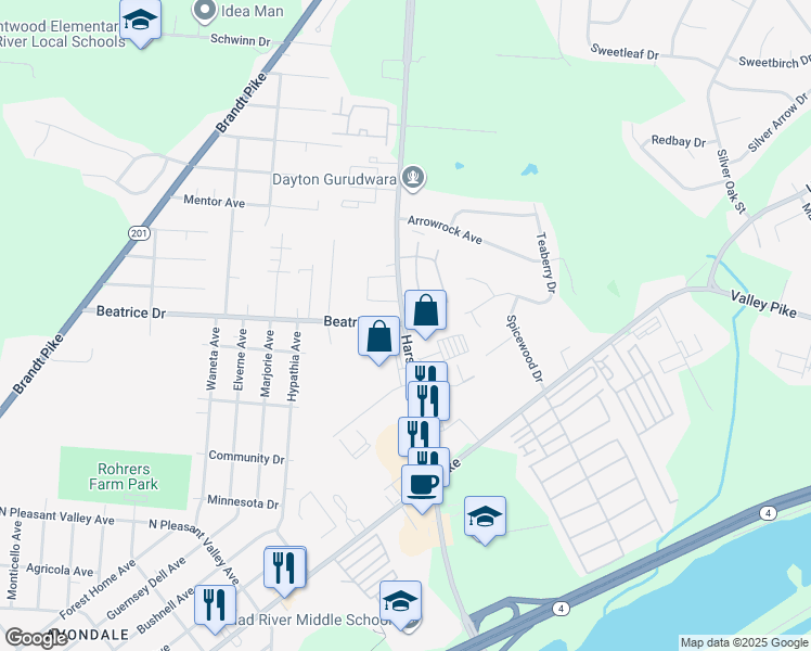 map of restaurants, bars, coffee shops, grocery stores, and more near 2150 Harshman Road in Dayton